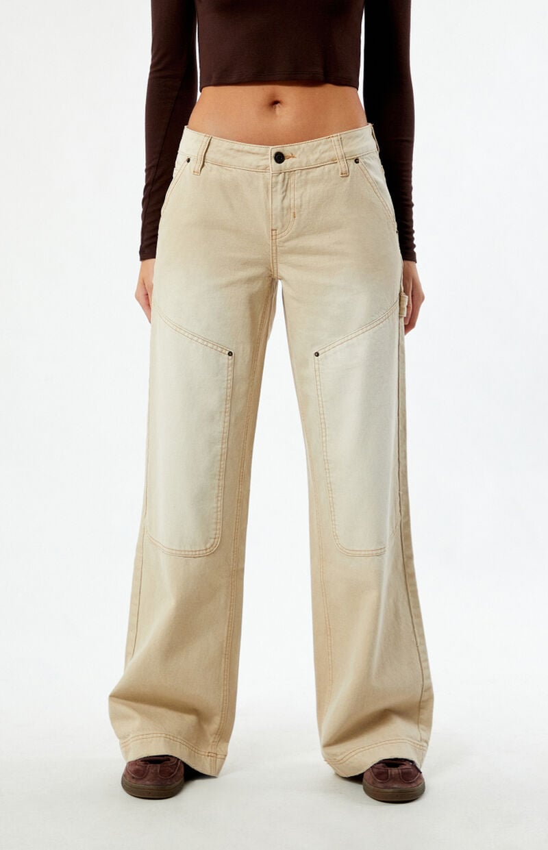 Beige Low Rise Baggy Carpenter Jeans
