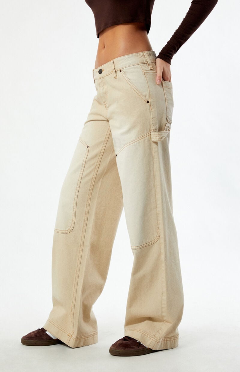 Beige Low Rise Baggy Carpenter Jeans