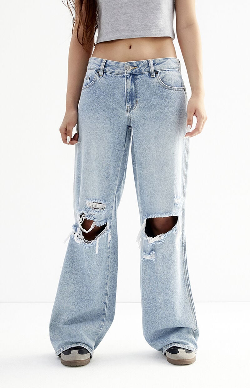 Casey Medium Indigo Ripped Knee Low Rise Baggy Jeans