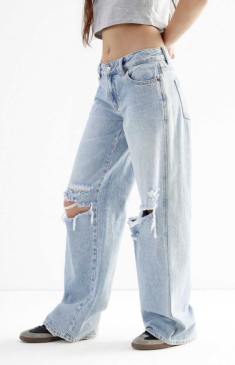 Casey Medium Indigo Ripped Knee Low Rise Baggy Jeans