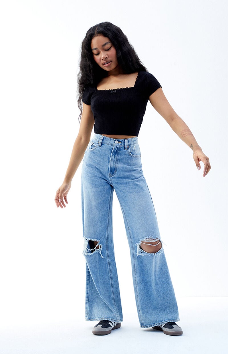 Nora Light Indigo Ripped Wide Leg Jeans