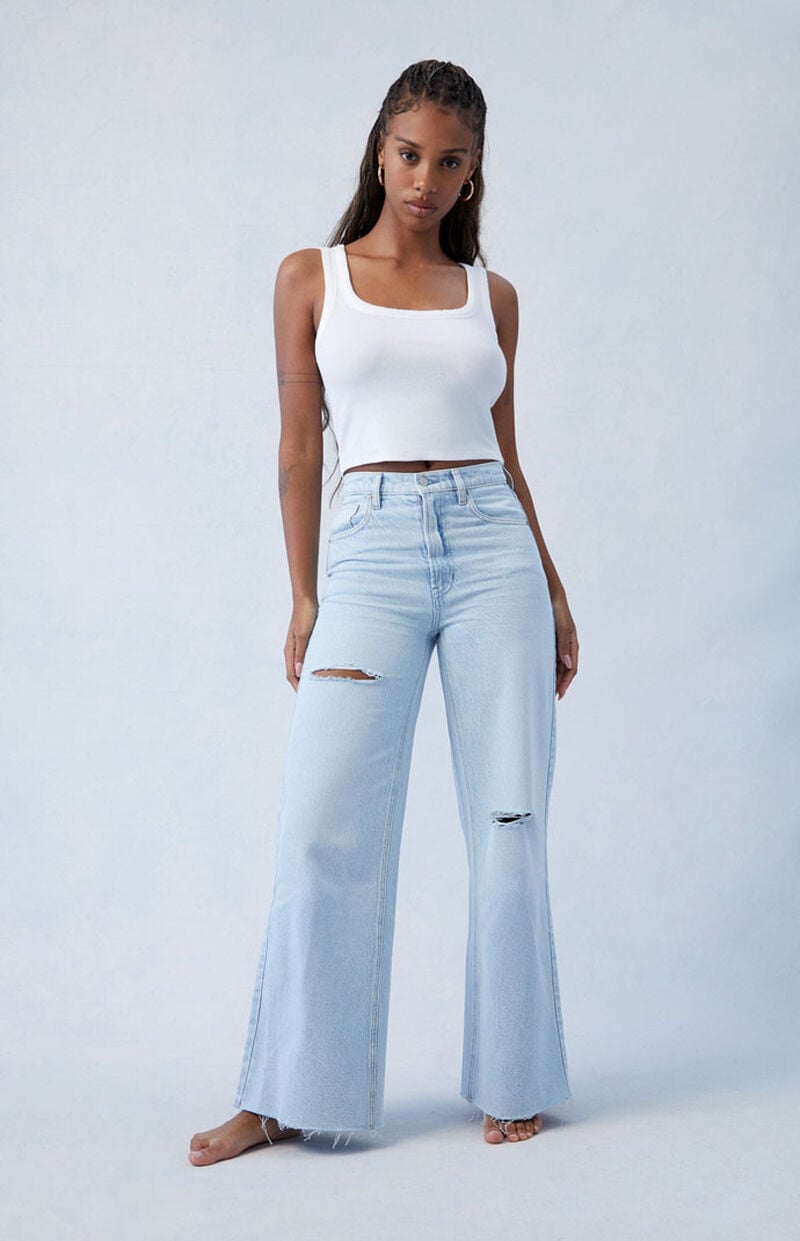 Eco Light Indigo Ripped Wide Leg Jeans