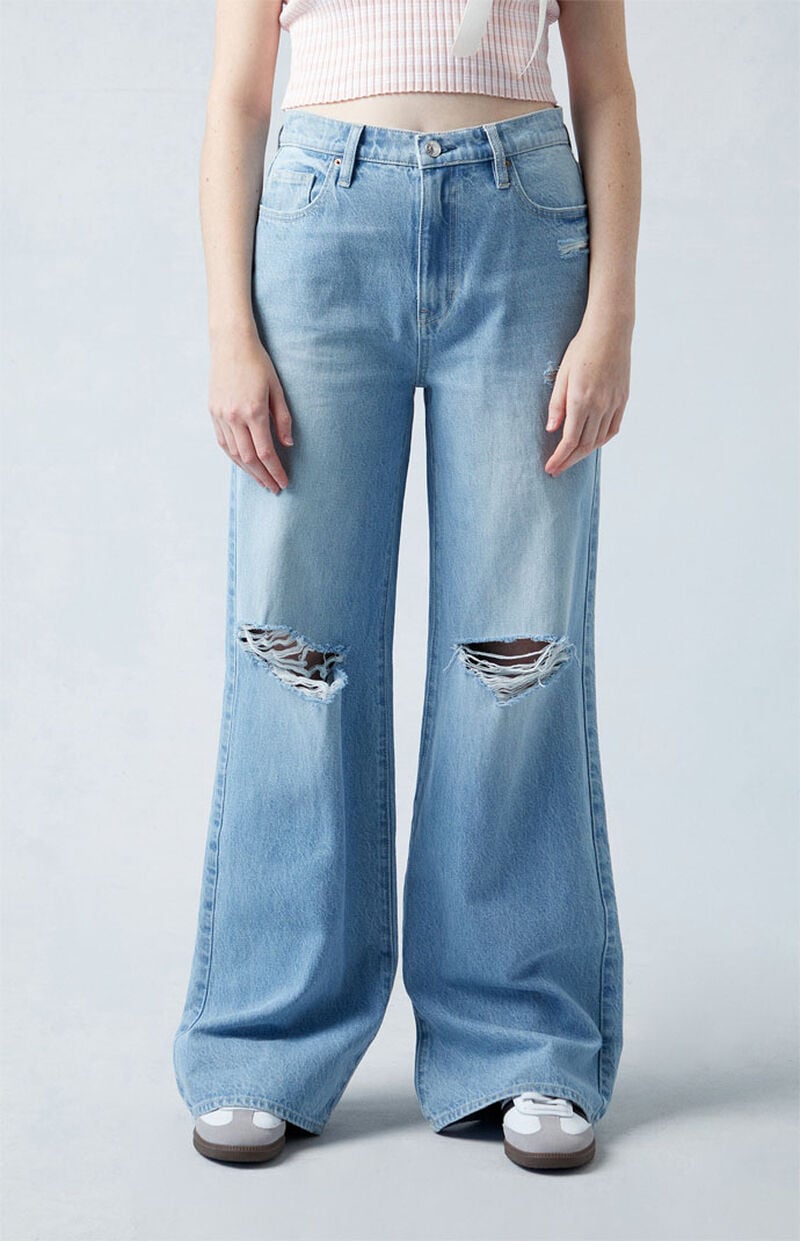 Eco Light Indigo Ripped Mid Rise Baggy Jeans