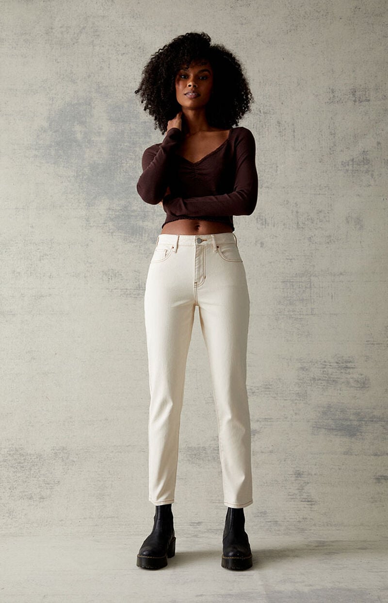 Cream Stretch Mom Jeans