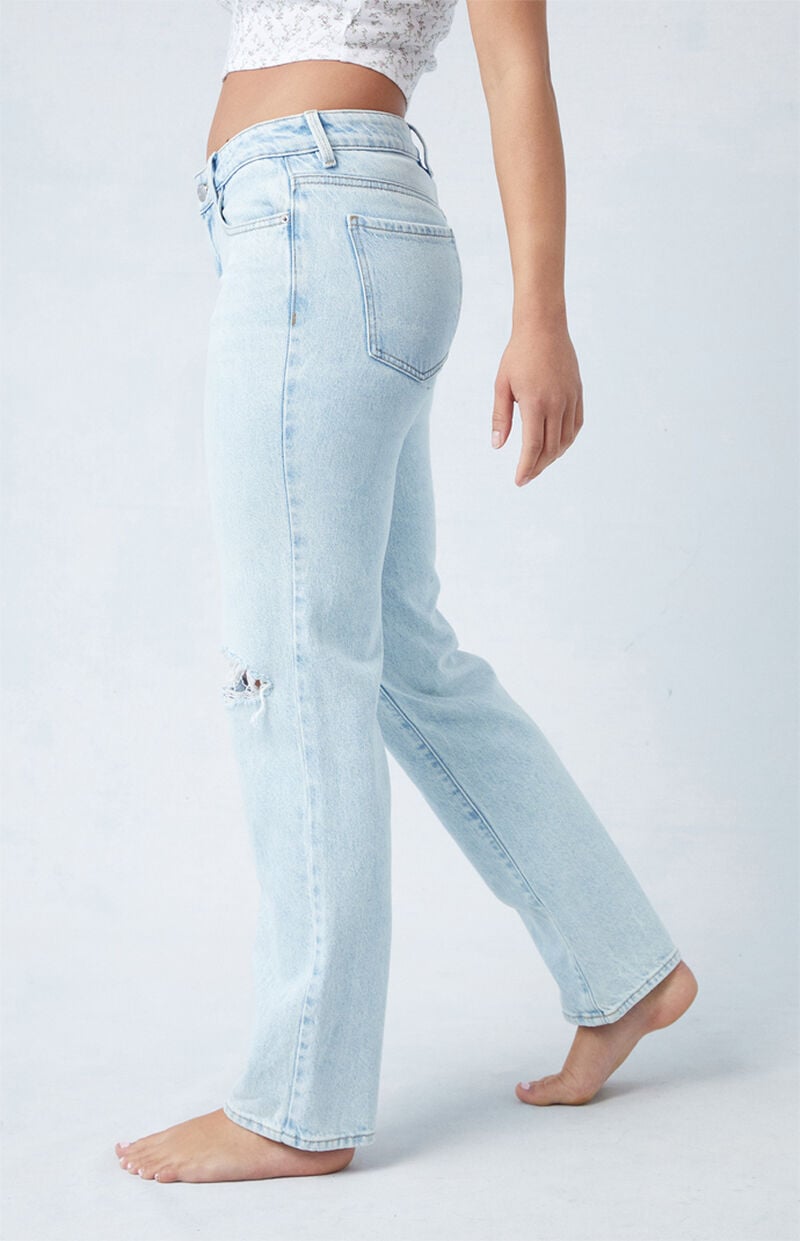 Eco Light Blue Ripped Knee Low Rise Straight Leg Jeans