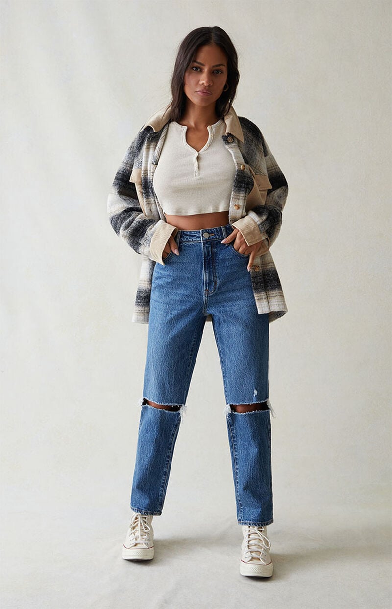 Eco Stretch Dark Blue Ripped Curve Straight Leg Jeans
