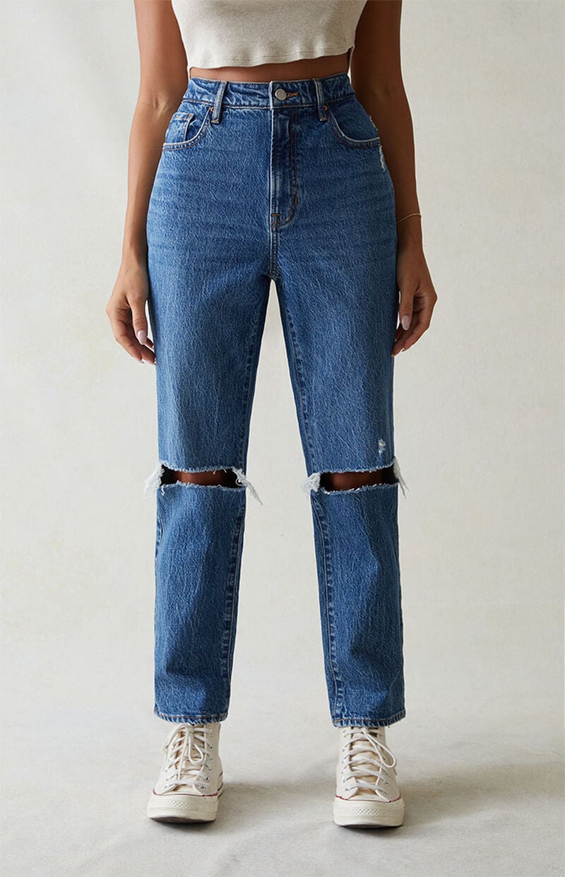Eco Stretch Dark Blue Ripped Curve Straight Leg Jeans