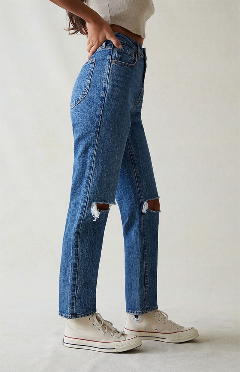 Eco Stretch Dark Blue Ripped Curve Straight Leg Jeans