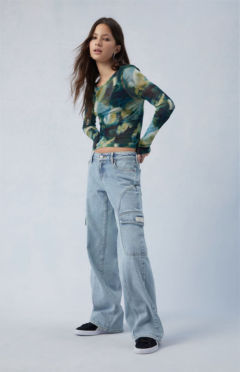 Eco Light Indigo Curved Low Rise Wide Leg Cargo Jeans
