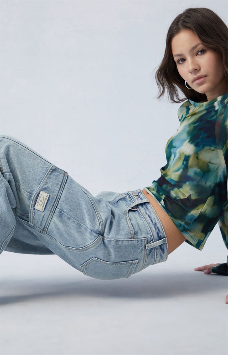 Eco Light Indigo Curved Low Rise Wide Leg Cargo Jeans