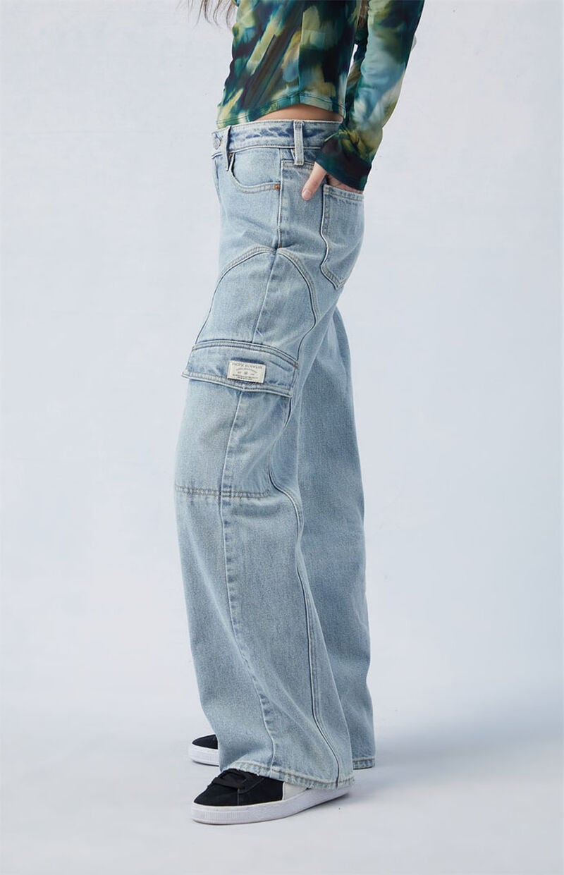 Eco Light Indigo Curved Low Rise Wide Leg Cargo Jeans