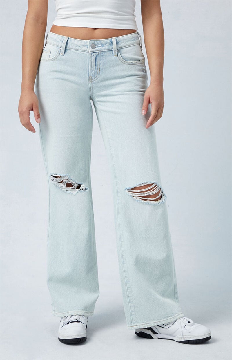 Eco Light Indigo Ripped Low Rise Wide Leg Jeans