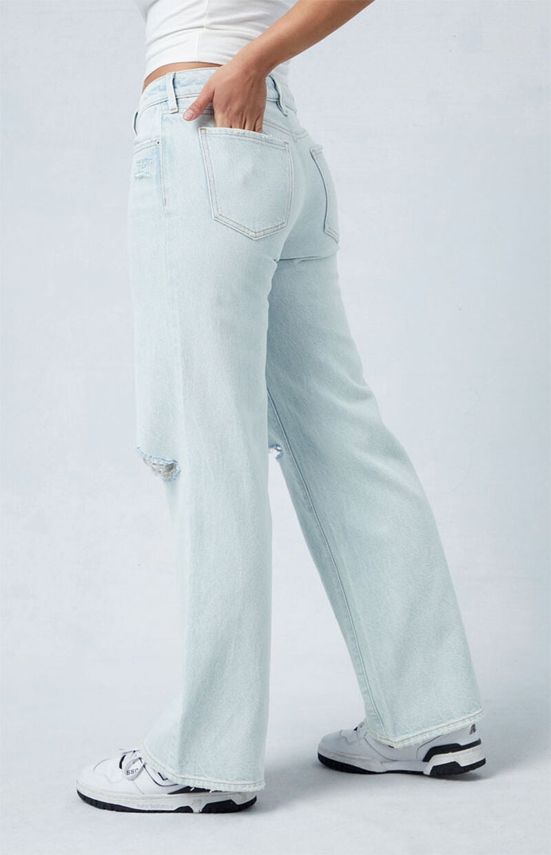 Eco Light Indigo Ripped Low Rise Wide Leg Jeans