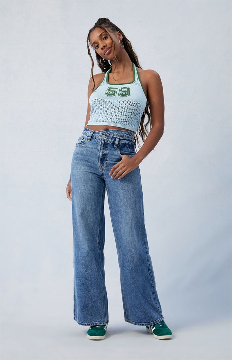 Eco Medium Indigo Asymmetrical Wide Leg Jeans