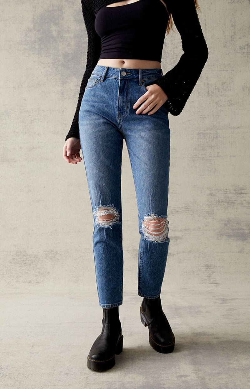 Eco Dark Blue Stretch Ripped Mom Jeans