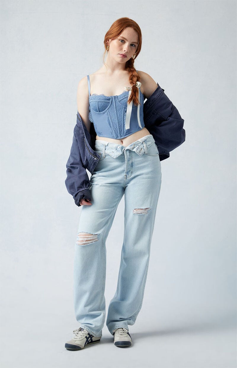 Eco Light Indigo Fold-Over Ripped '90s Boyfriend Jeans