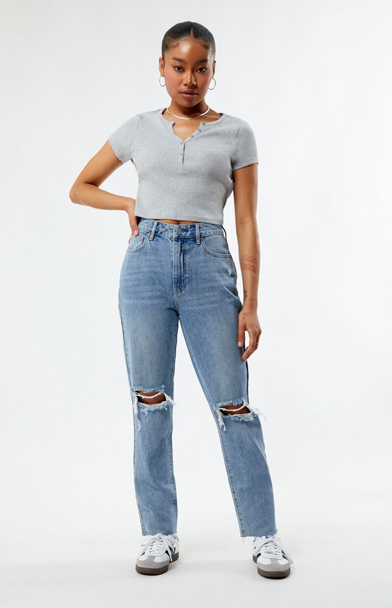 Eco Medium Indigo Ripped Mom Jeans