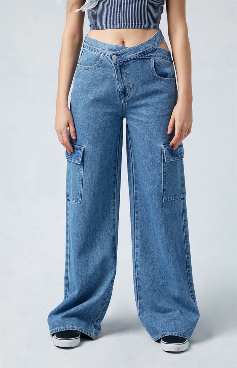 Eco Medium Indigo Asymmetrical Mid-rise Baggy Cargo Jeans