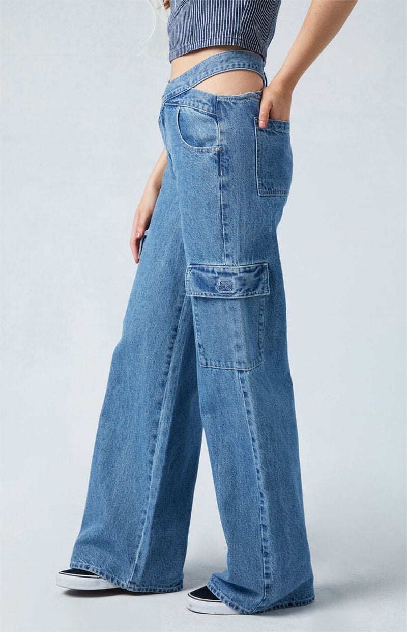 Eco Medium Indigo Asymmetrical Mid-rise Baggy Cargo Jeans
