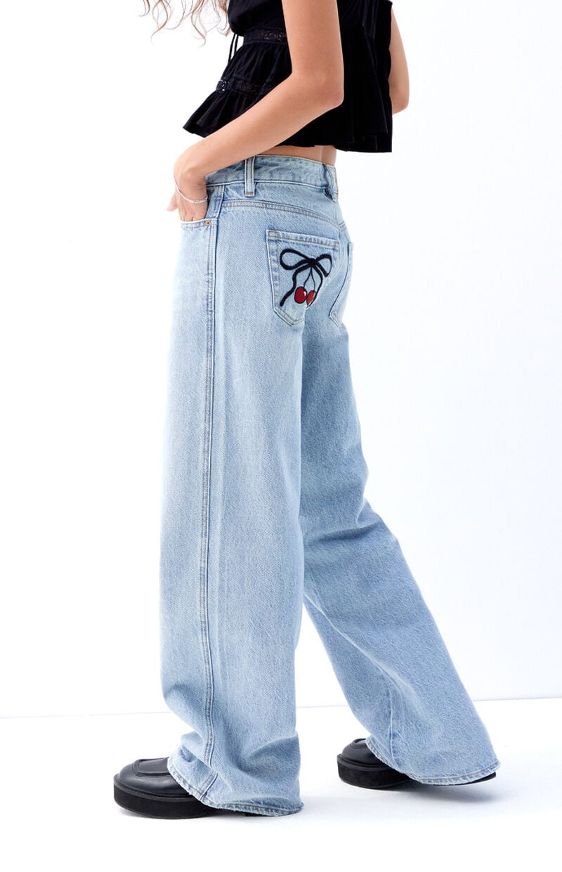 Casey Light Indigo Cherry Bow Low Rise Baggy Jeans