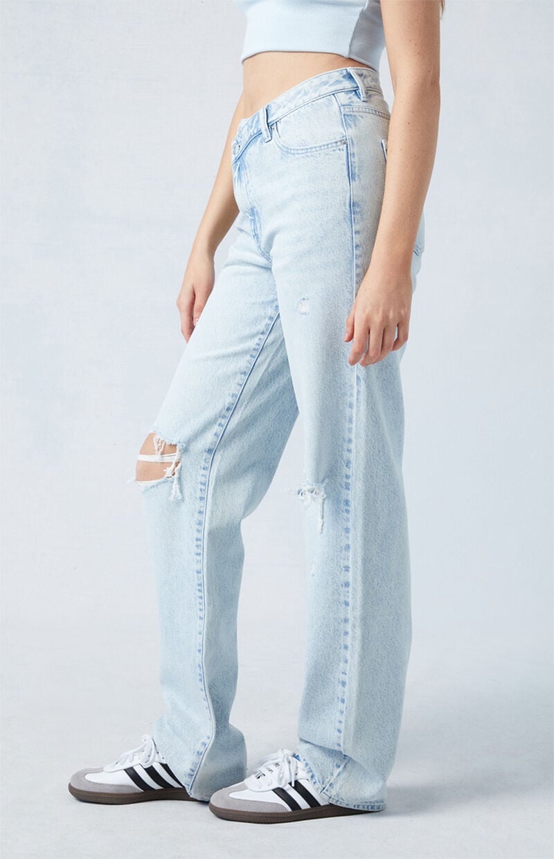 Eco Light Indigo Ripped Asymmetrical Waistband '90s Boyfriend Jeans