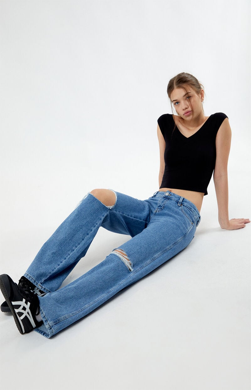 Eco Indigo Ripped Low Rise Baggy Jeans