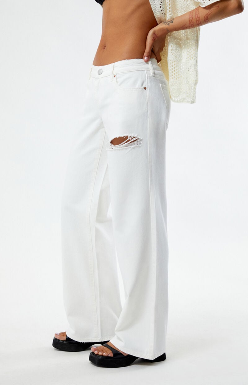 Eco White Ripped Low Rise Wide Leg Jeans