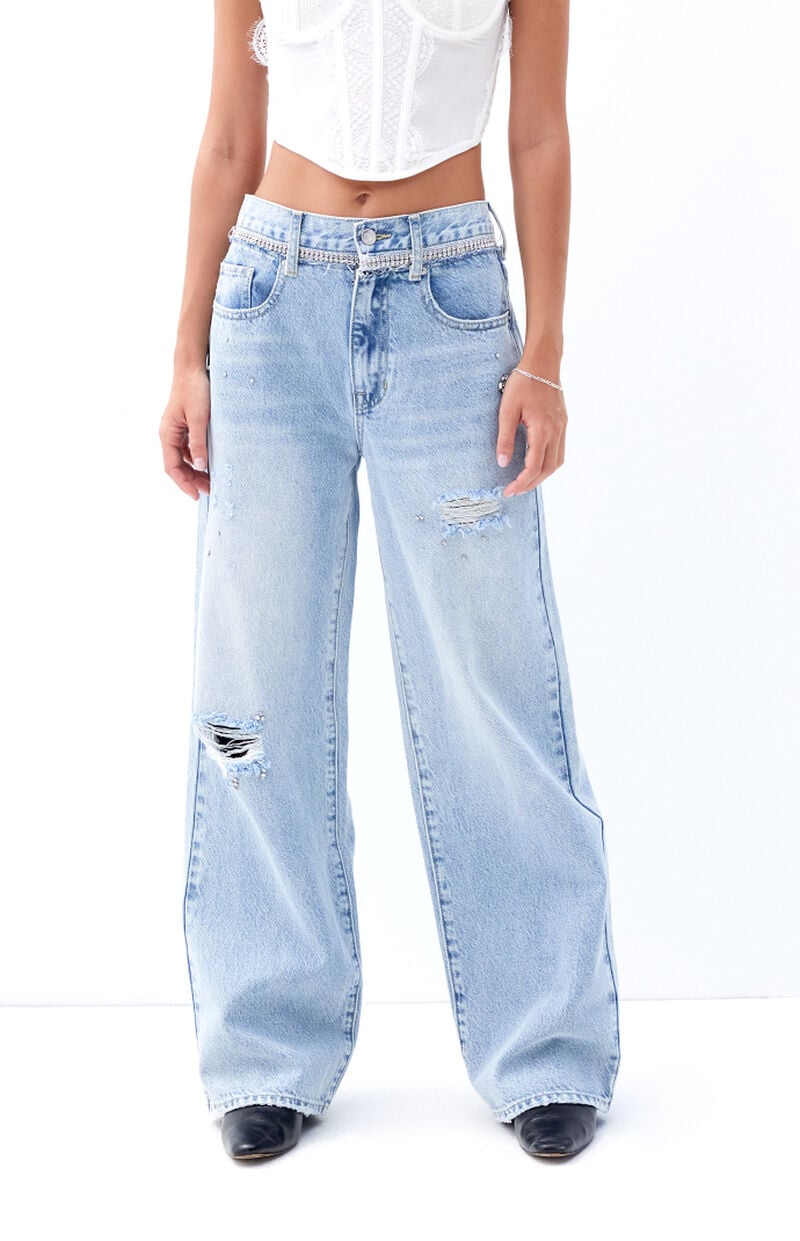 Cali Light Indigo Rhinestone Ripped Baggy Boyfriend Jeans