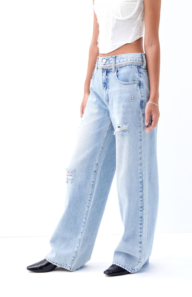 Cali Light Indigo Rhinestone Ripped Baggy Boyfriend Jeans