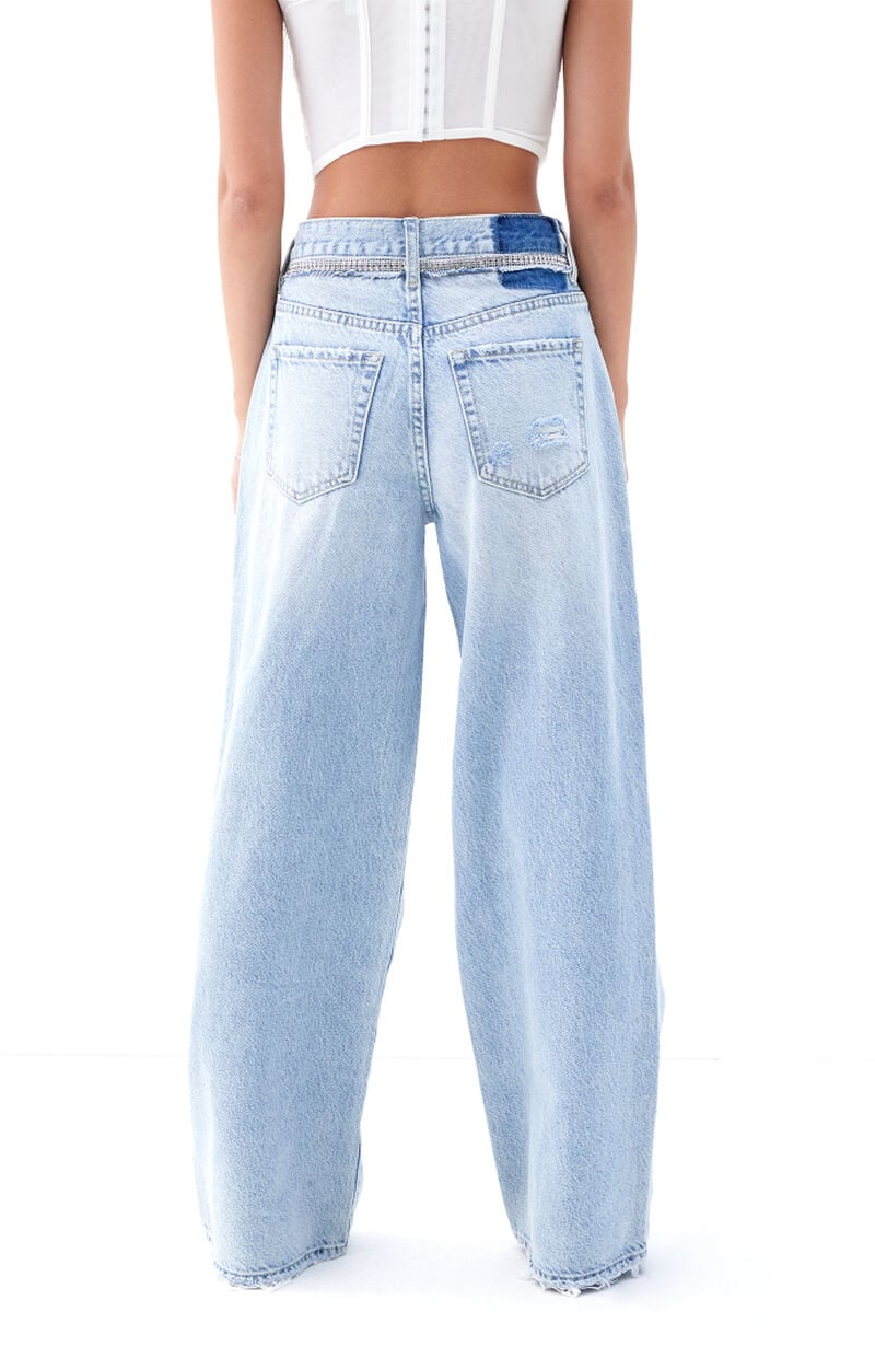Cali Light Indigo Rhinestone Ripped Baggy Boyfriend Jeans