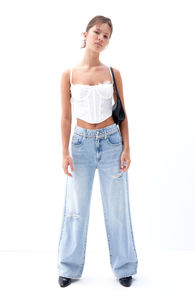 Cali Light Indigo Rhinestone Ripped Baggy Boyfriend Jeans