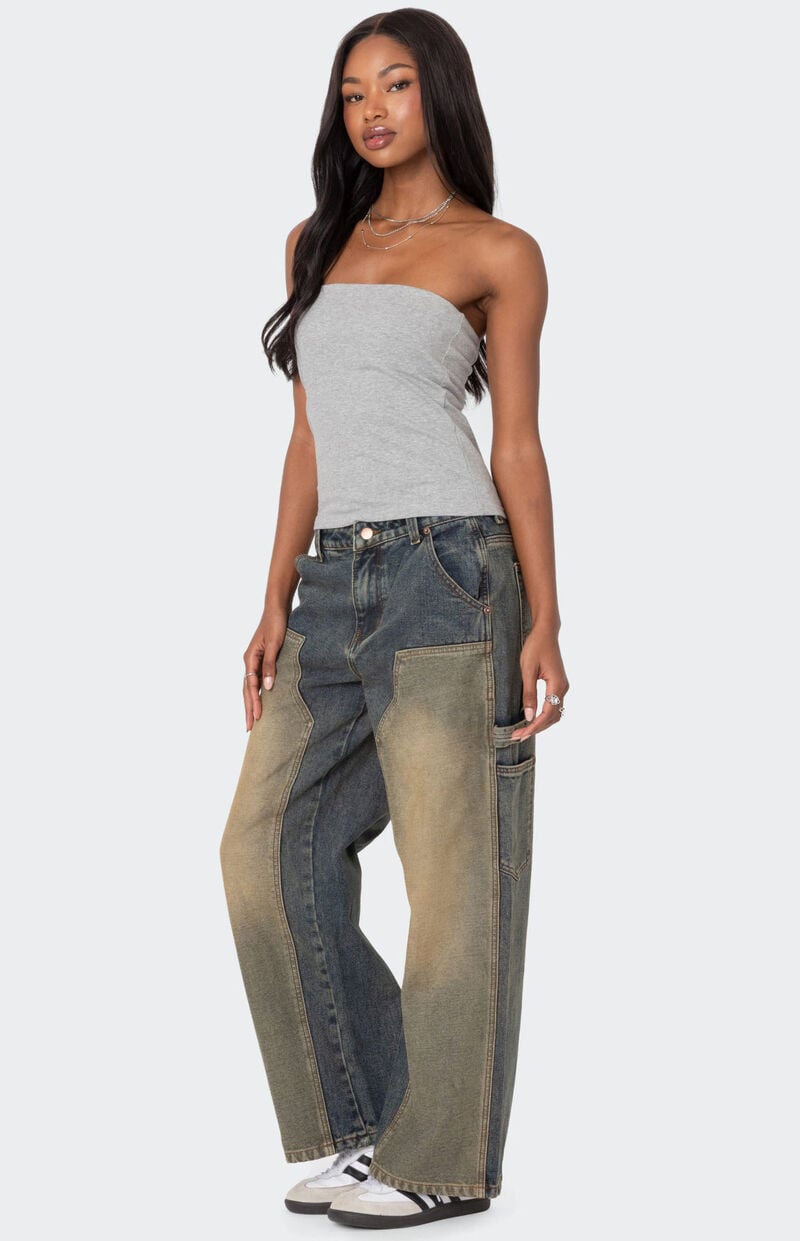 Edikted Contrast Panel Low Rise Washed Jeans